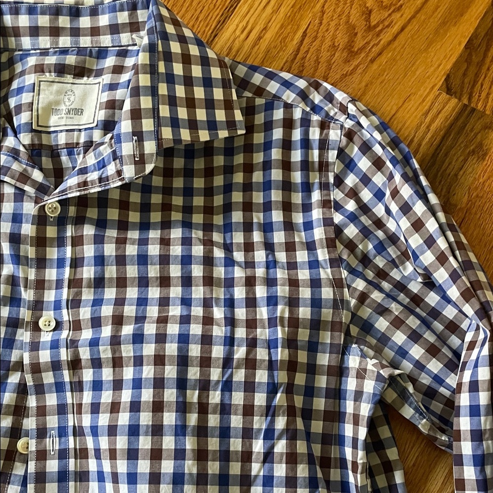 Todd Snyder Men's Blue and Brown Plaid Shirt